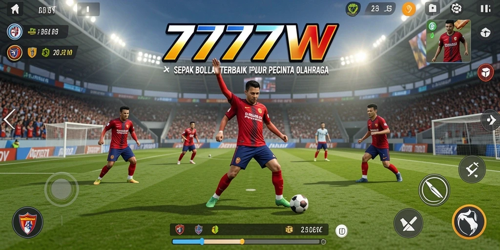 Tangkapan layar gameplay 7777W menampilkan aksi sepak bola yang mendebarkan.