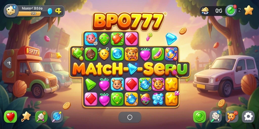 Screenshot BPO777 menampilkan momen permainan Match-3 yang seru dan dinamis.