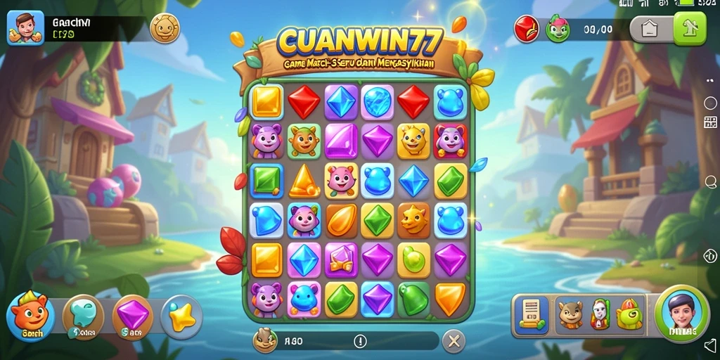 Screenshot CUANWIN77 menampilkan gameplay Match-3 yang penuh warna.