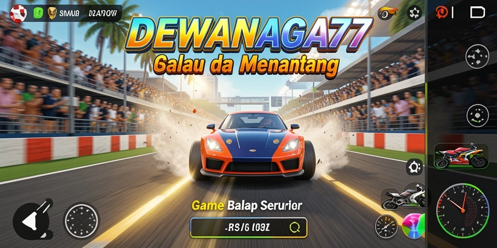 Screenshot DEWANAGA77 menampilkan aksi balapan mendebarkan di lintasan.