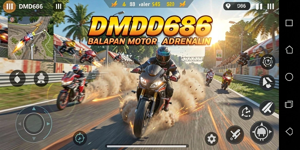 Tampilan gameplay DMD686 yang seru dan mendebarkan dalam balapan motor.
