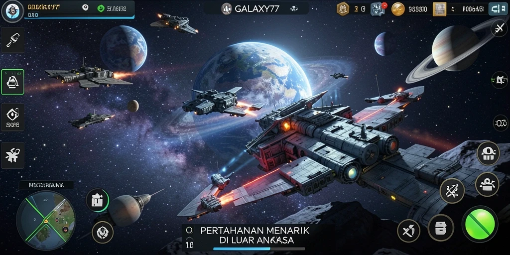 Tangkapan layar menampilkan gameplay menegangkan di GALAXY77 saat mempertahankan galaksi.