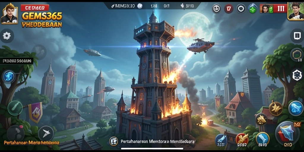 Tampilan strategis menara dalam GEMS365 saat melawan gelombang musuh.