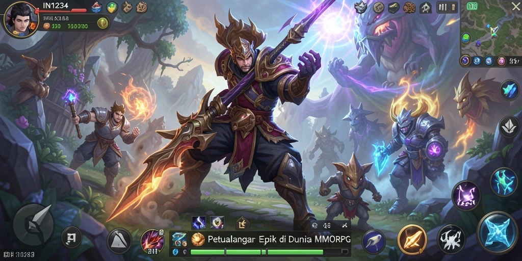 Tangkapan layar utama IN1234 menampilkan aksi pertempuran seru di MMORPG.