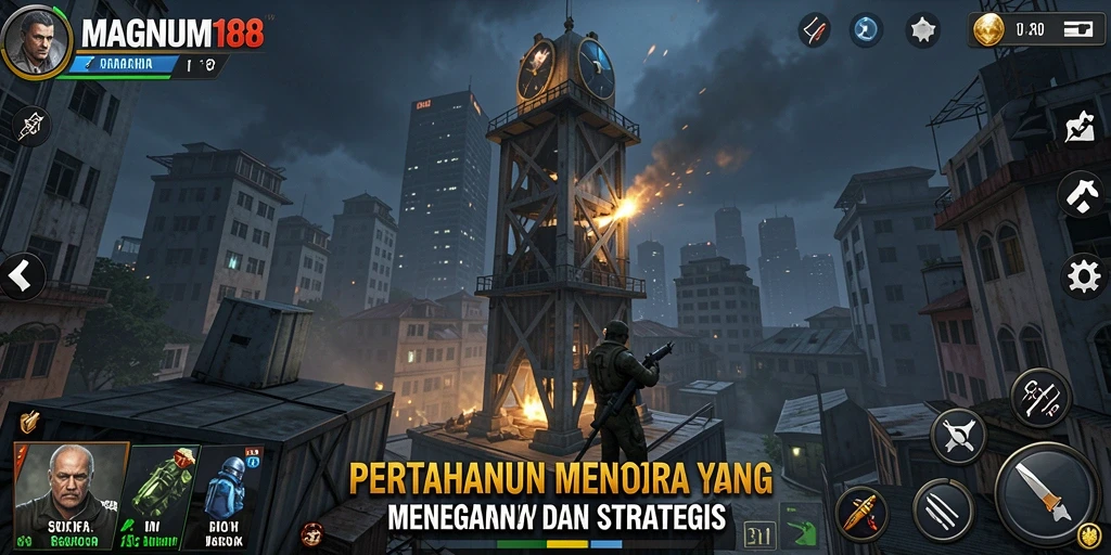 Screenshot gameplay MAGNUM188 menampilkan pertahanan menara yang intens.