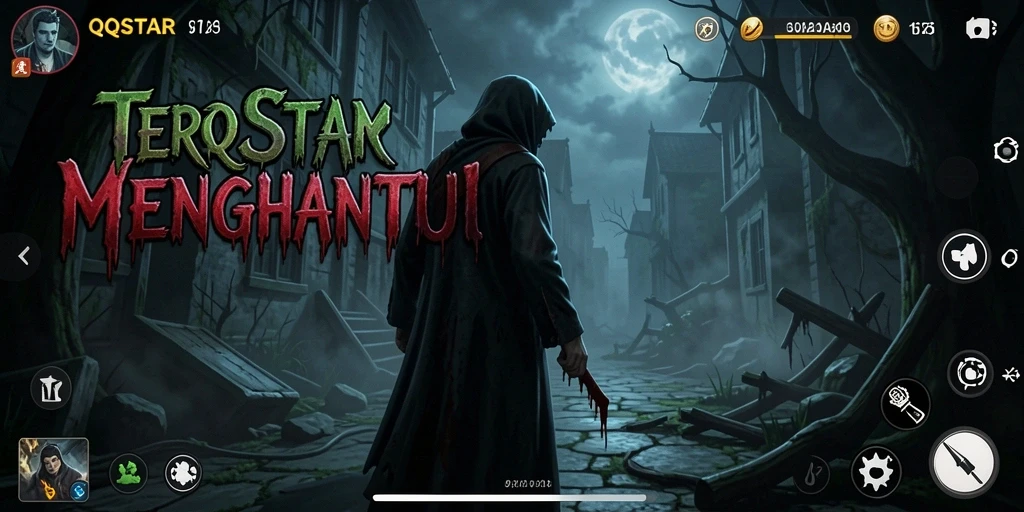 Screenshot gameplay QQSTAR menampilkan momen mencekam di lingkungan gelap.