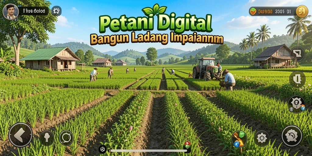 Screenshot gameplay S13 dengan ladang yang hijau dan beragam tanaman.