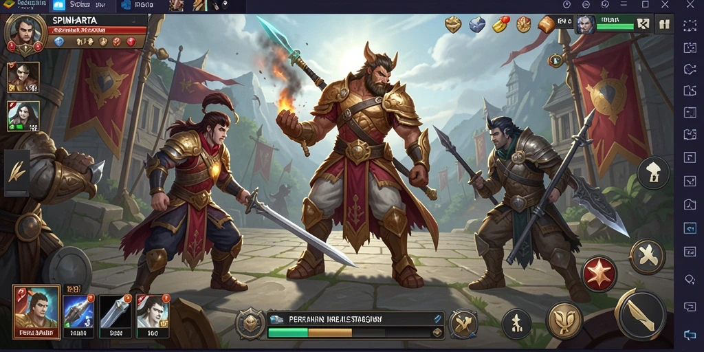 Tampilan gameplay SPINHARTA dengan tower dan musuh yang beragam.